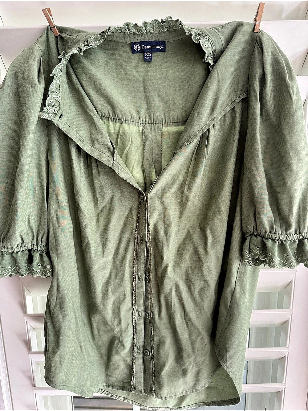Democracy Eyelet Ruffle Neck Button Down Blouse Sage Green Petite XS